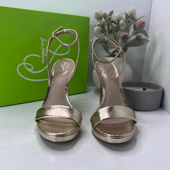 Sam Edelman Jade Leather Heels Gold Ankle Strap I0175L2701 Women 9.5M Tried On - Picture 5 of 11